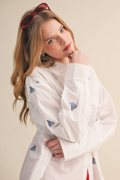 Sailboat Embroidery Button Down Top