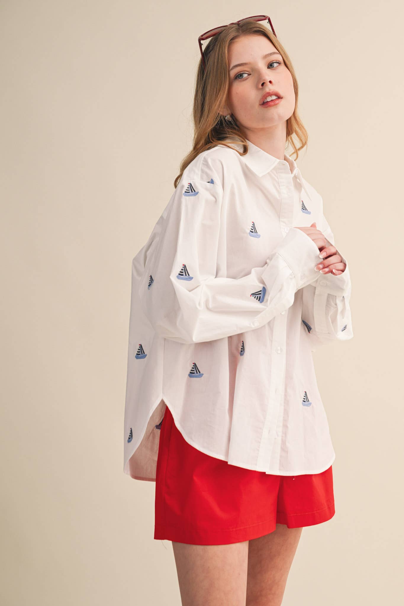 Sailboat Embroidery Button Down Top