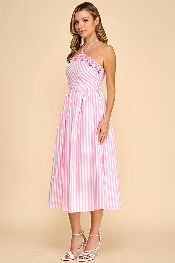 Scalloped halter neckline midi dress