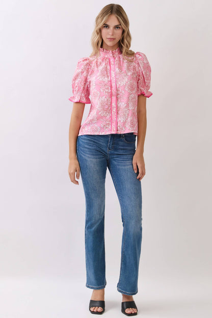 Floral Contrast Piping Puff Sleeve Blouse