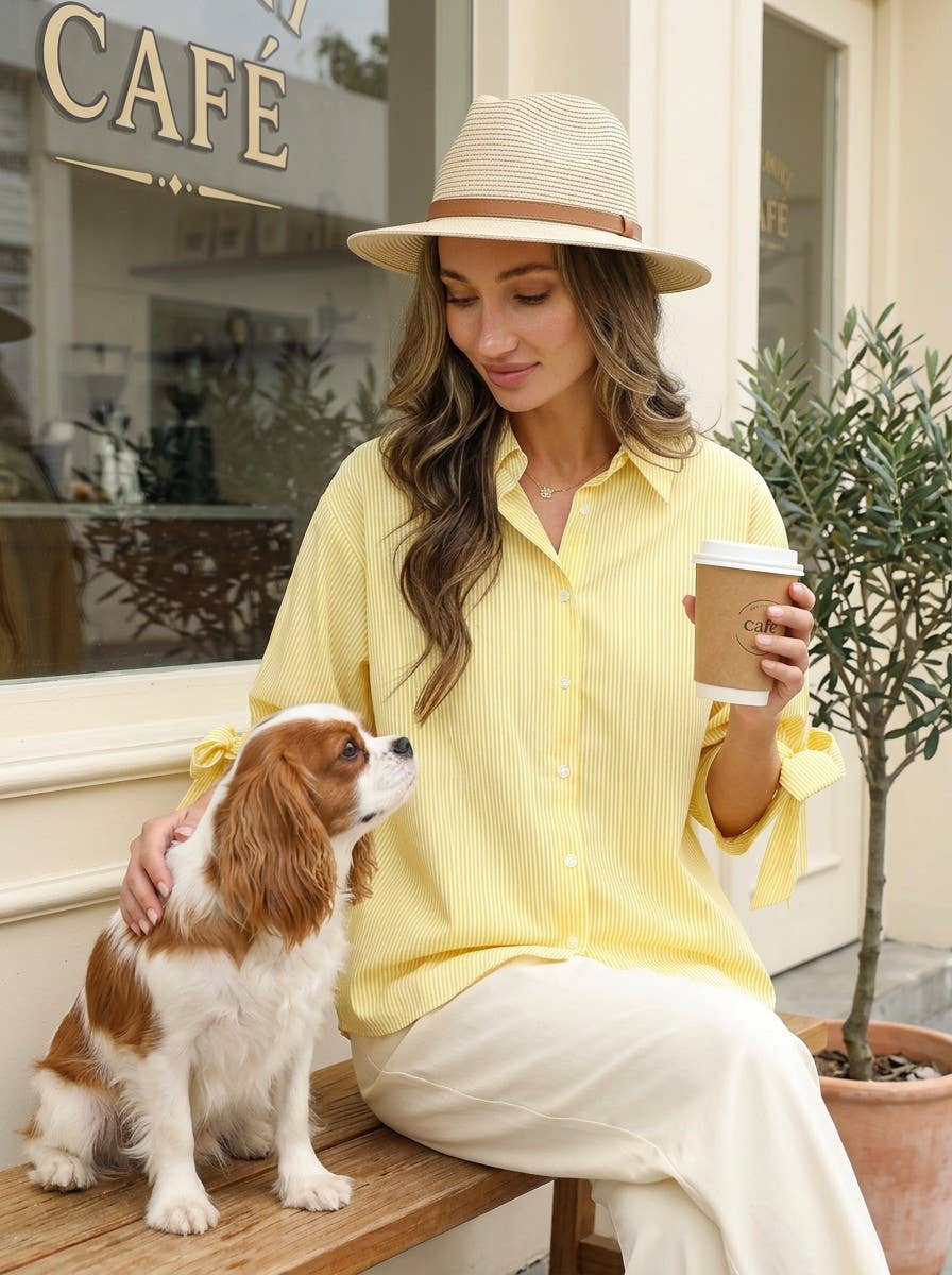 Bow Tie Accent SS Stripe Blouse
