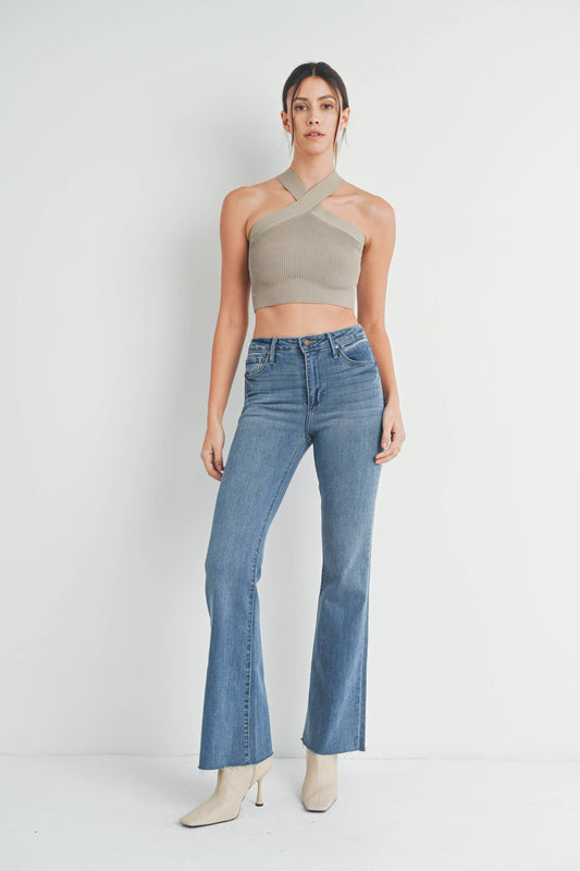 High Rise Scissor Cut Flare- Med wash