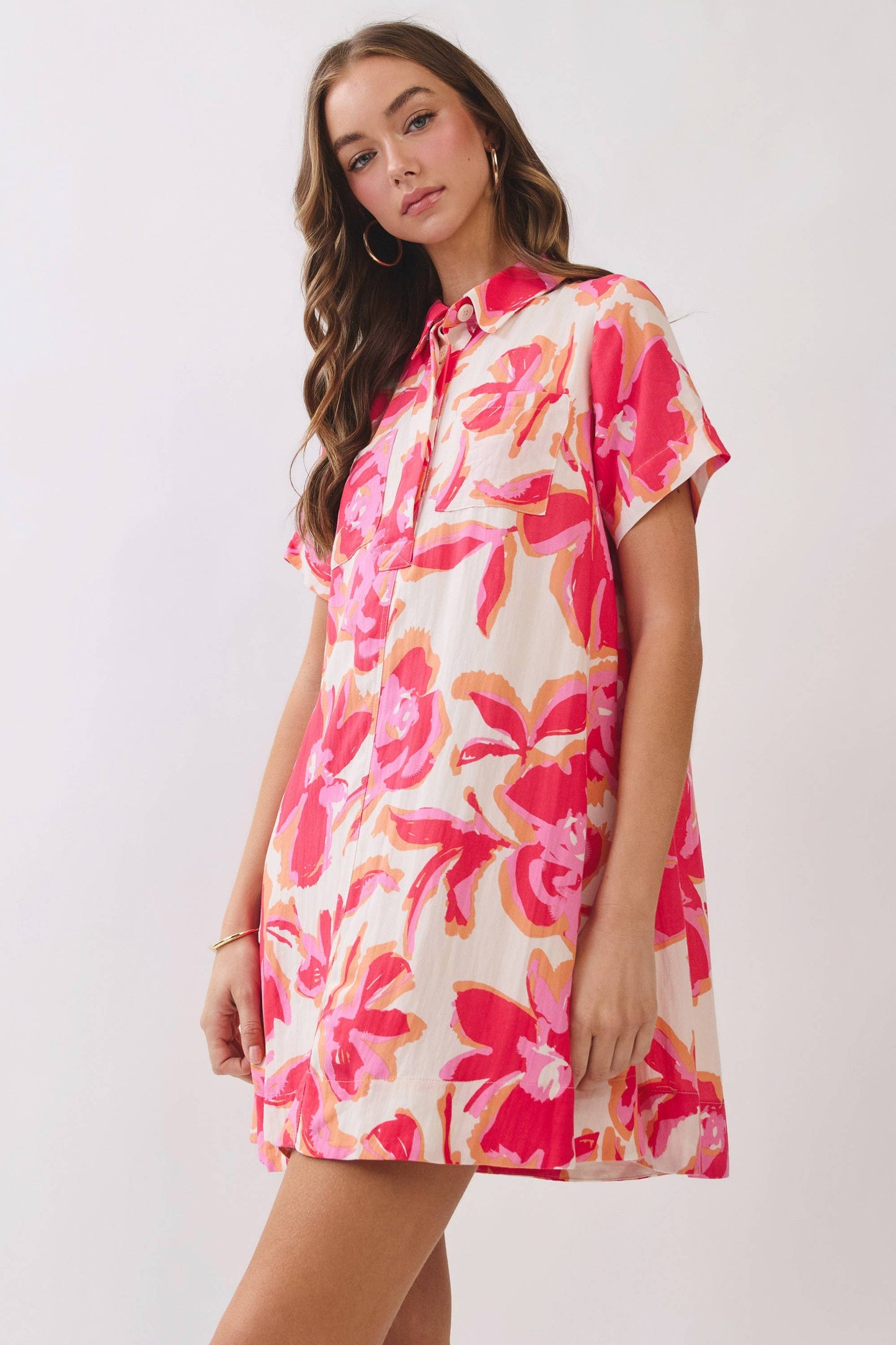 Abstract Floral Print Shirt Mini Dress