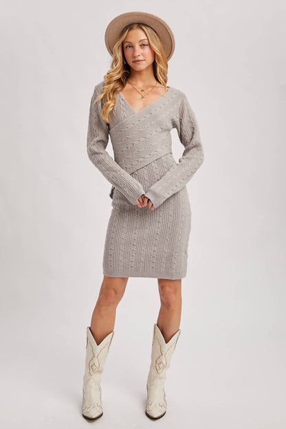V-Neck Cable Knit Sweater Wrap Dress