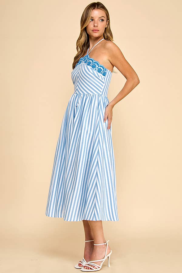 Scalloped halter neckline midi dress