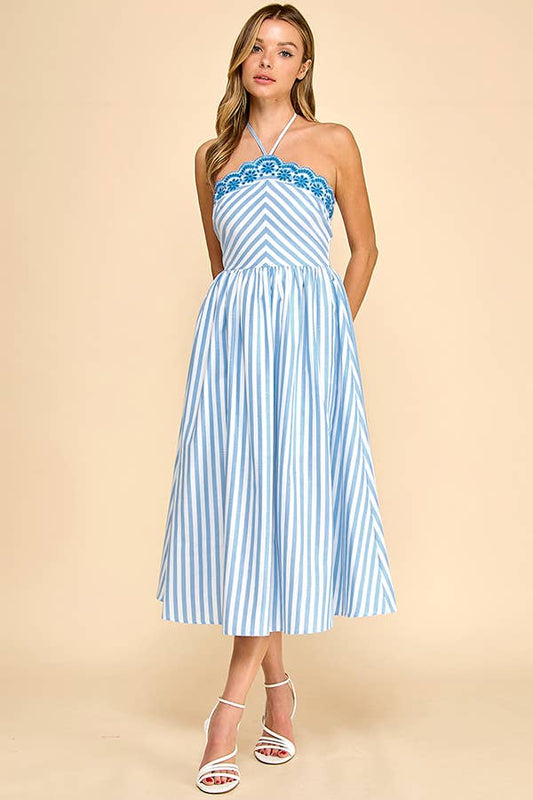 Scalloped halter neckline midi dress