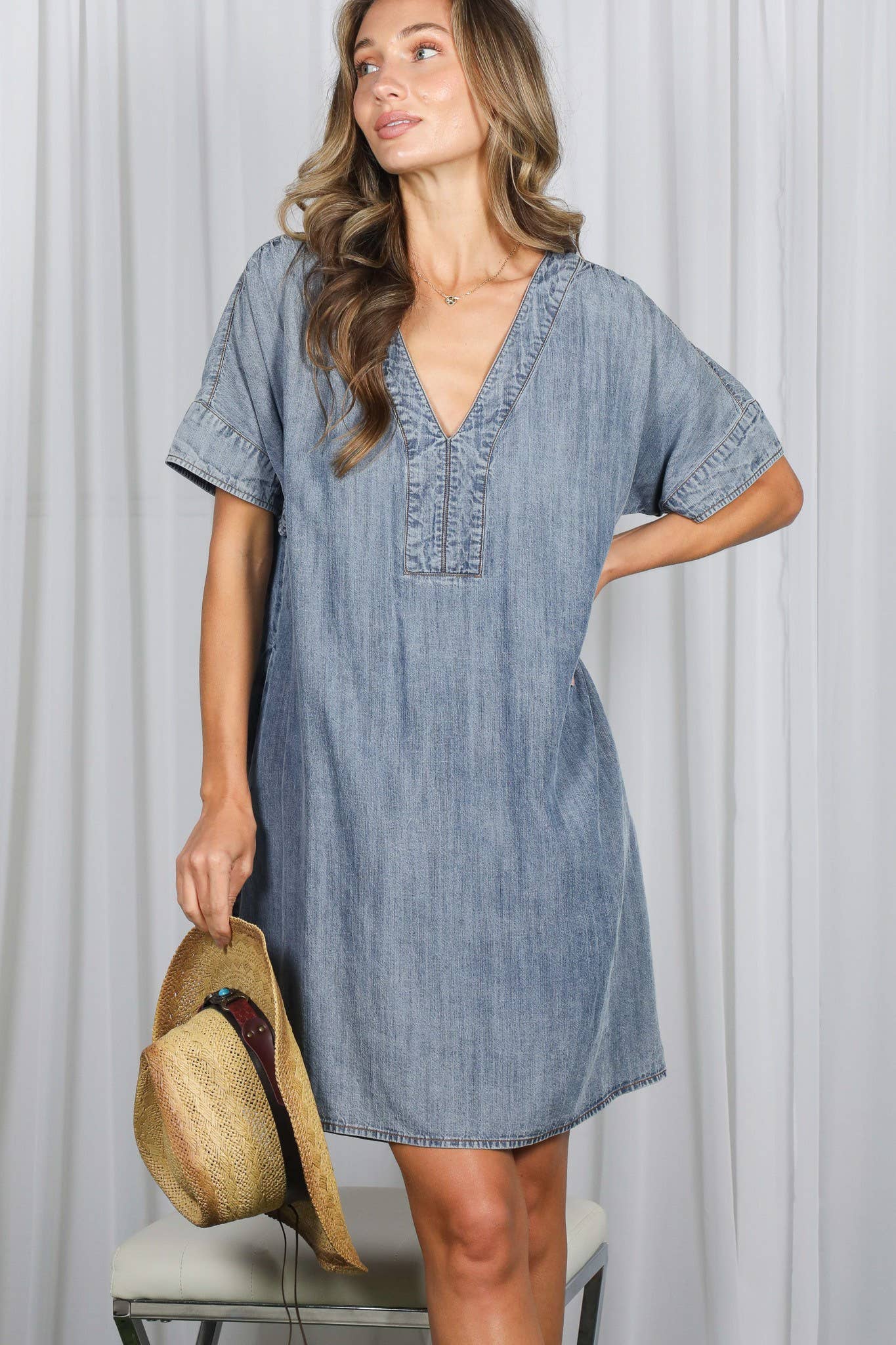 V-Neck Chambray Denim Dress