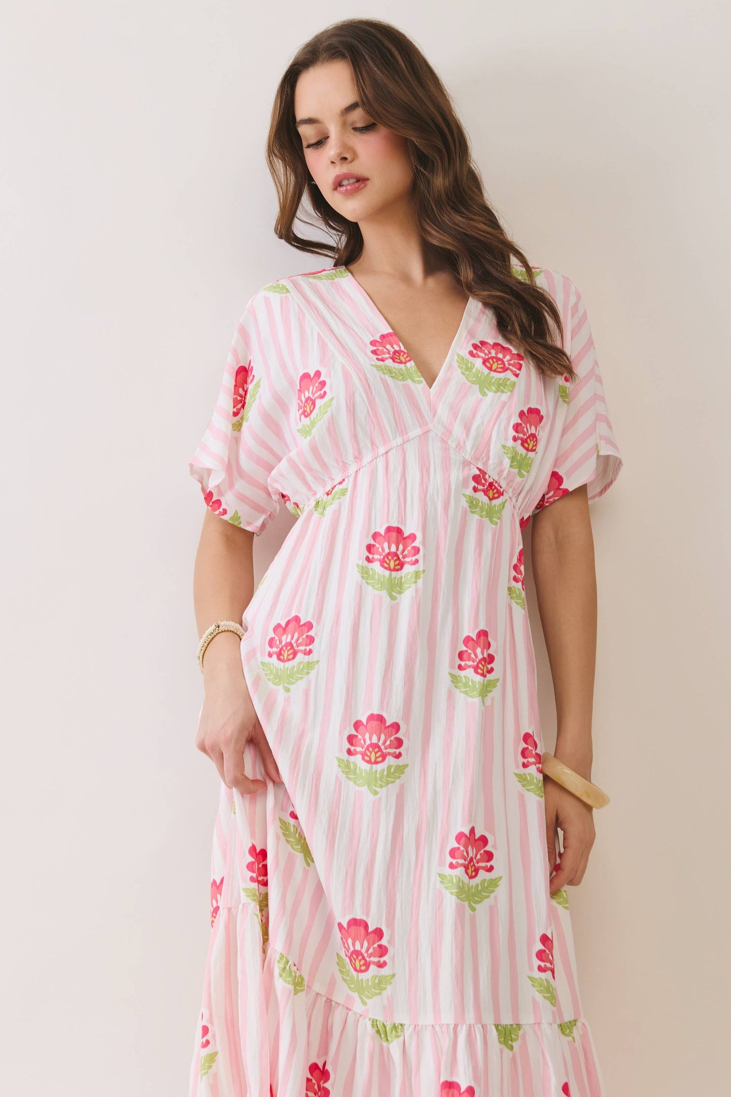 Floral Stripe Print V Neck Midi Dress