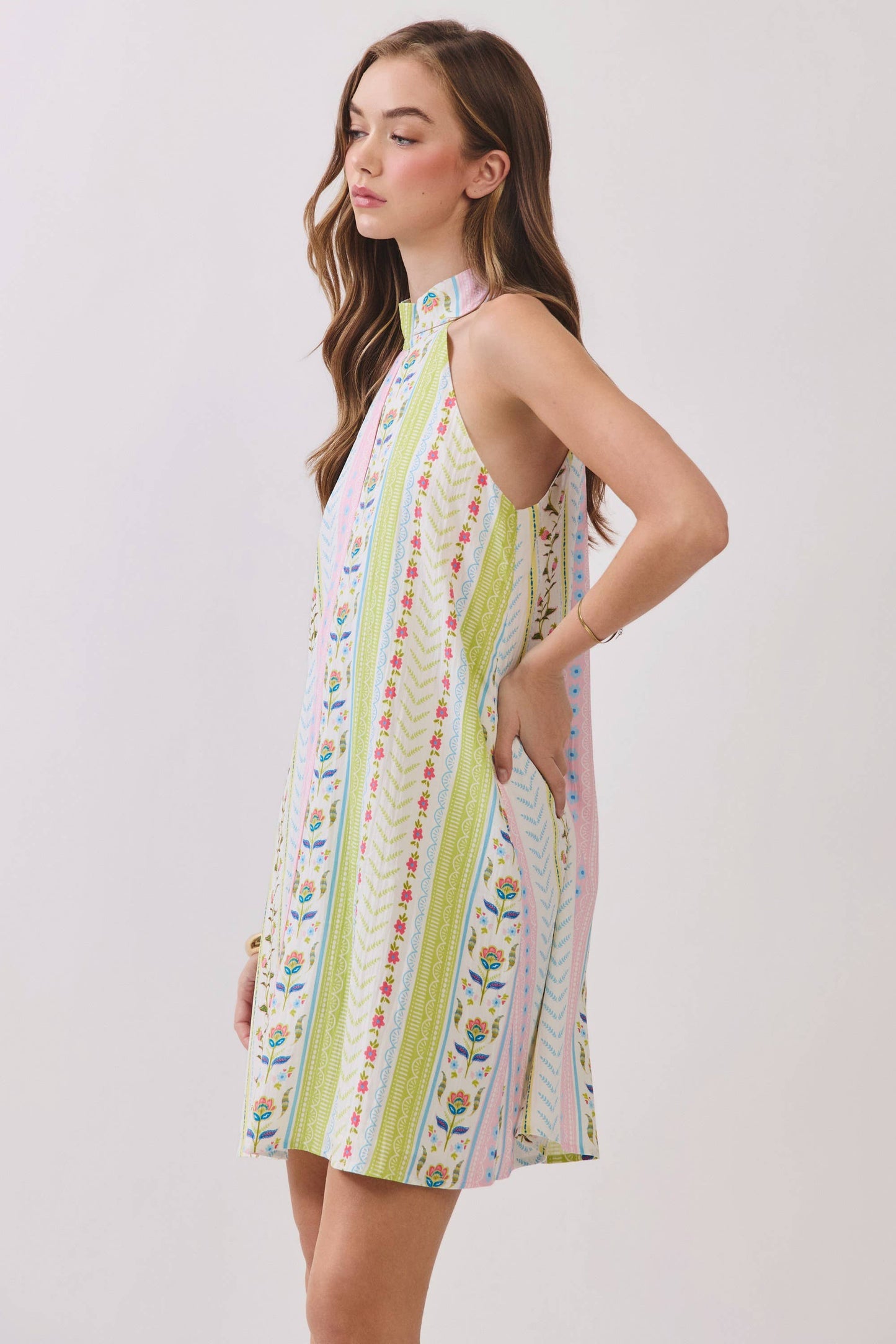 Pastel Stripe Halter Neckline Mini Dress