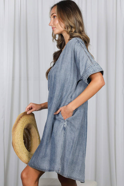 V-Neck Chambray Denim Dress