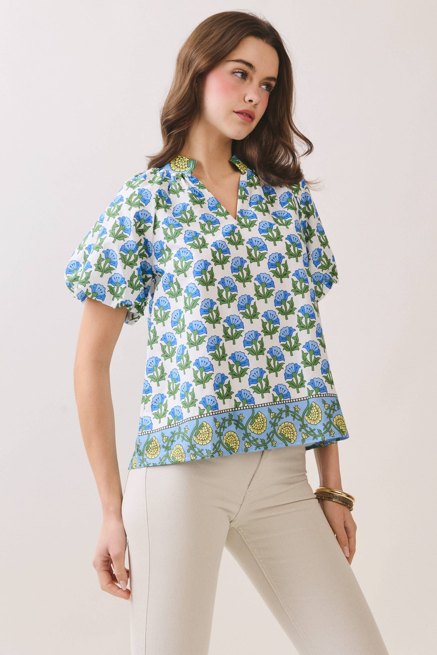 Floral Print Bubble Sleeves Split Neckline top