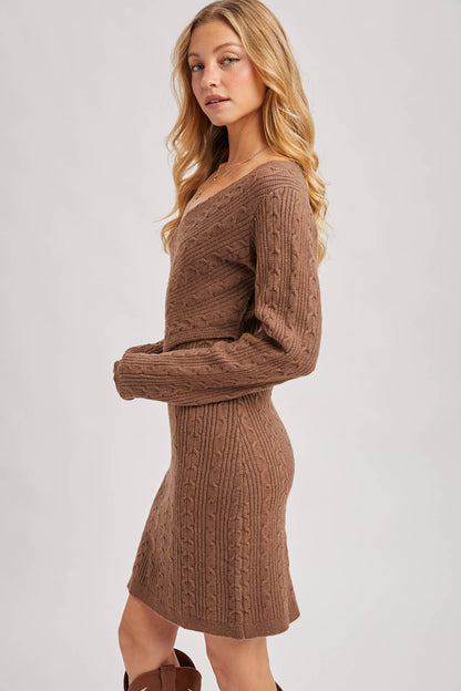 V-Neck Cable Knit Sweater Wrap Dress