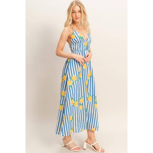 Striped Lemon Print Midi Dress
