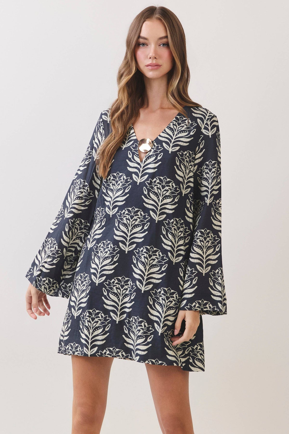 Floral Print Metal Ring Mini Dress