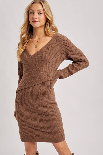 V-Neck Cable Knit Sweater Wrap Dress