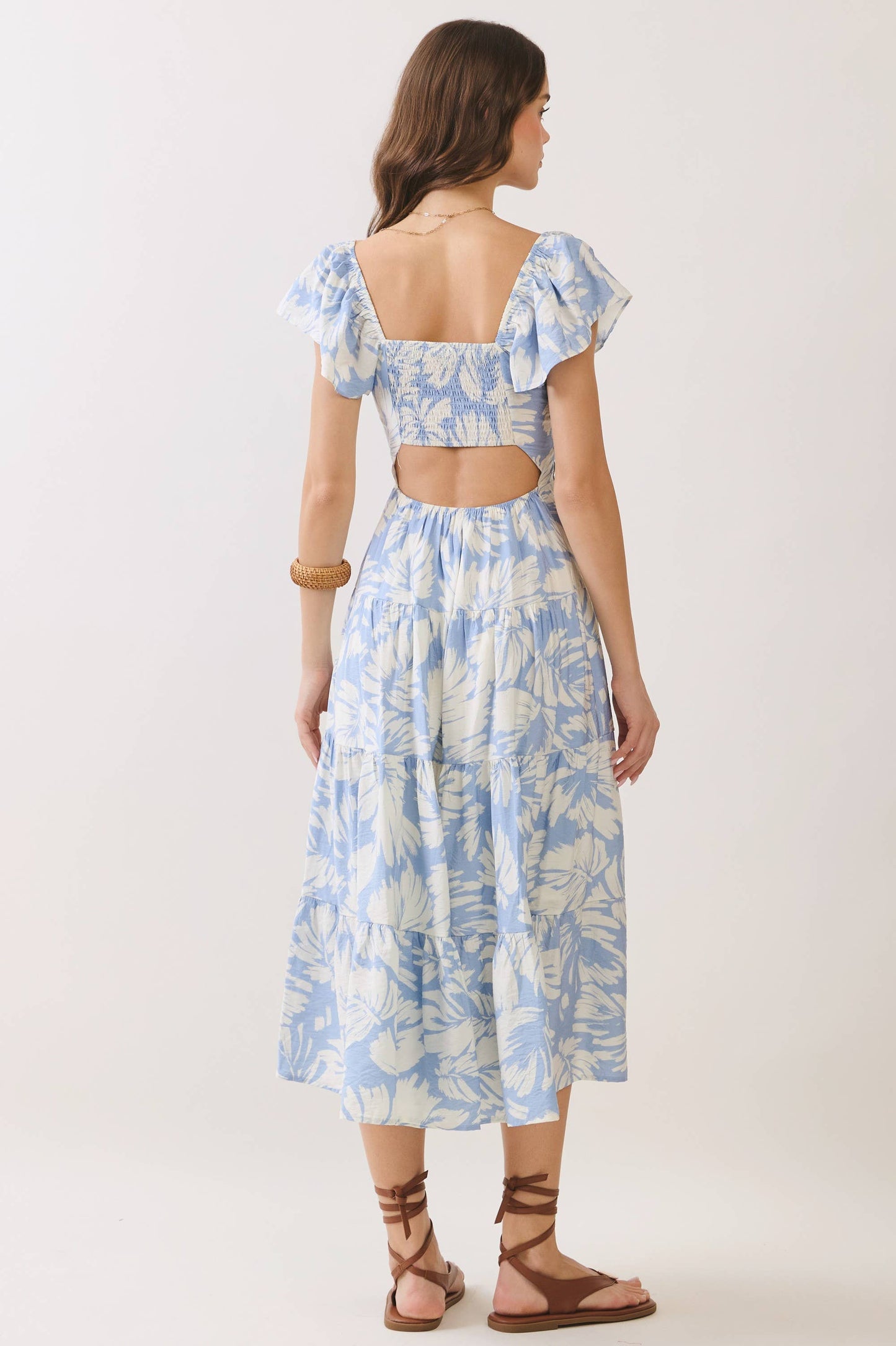 Floral Print Back Cutout Tiered Midi Dress