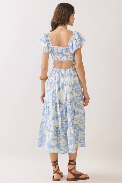 Floral Print Back Cutout Tiered Midi Dress