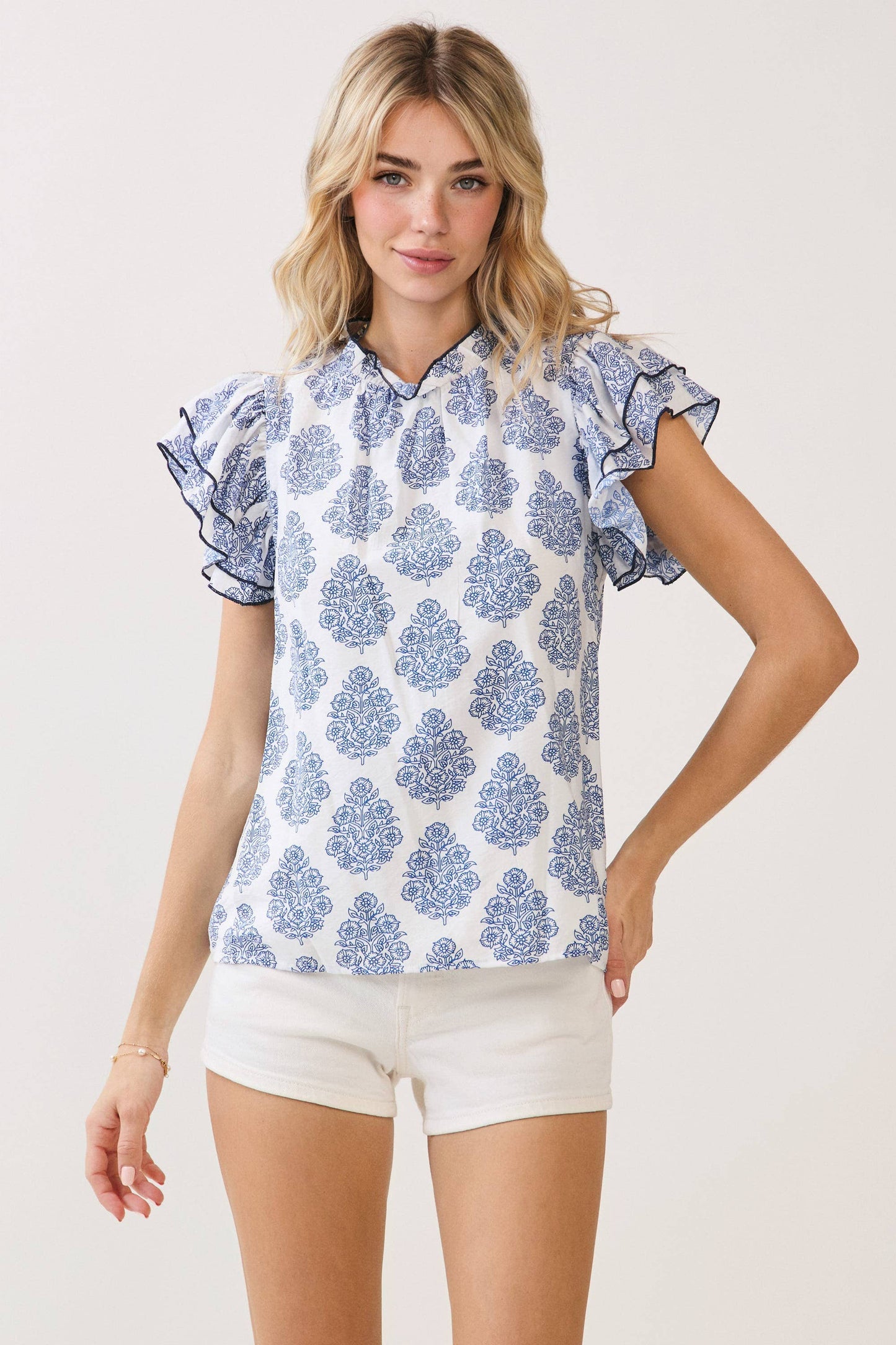 Contrast Trim Ruffle Sleeve Blouse