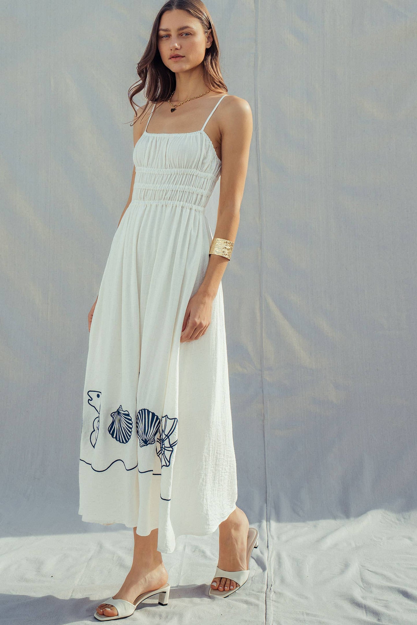 Seashell Embroidered Linen Blend Dress