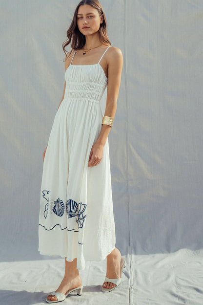 Seashell Embroidered Linen Blend Dress