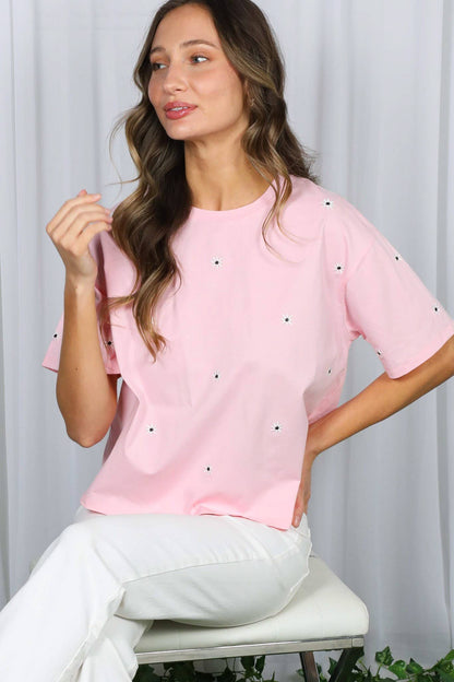 Floral Embroidered Crew Neck Top