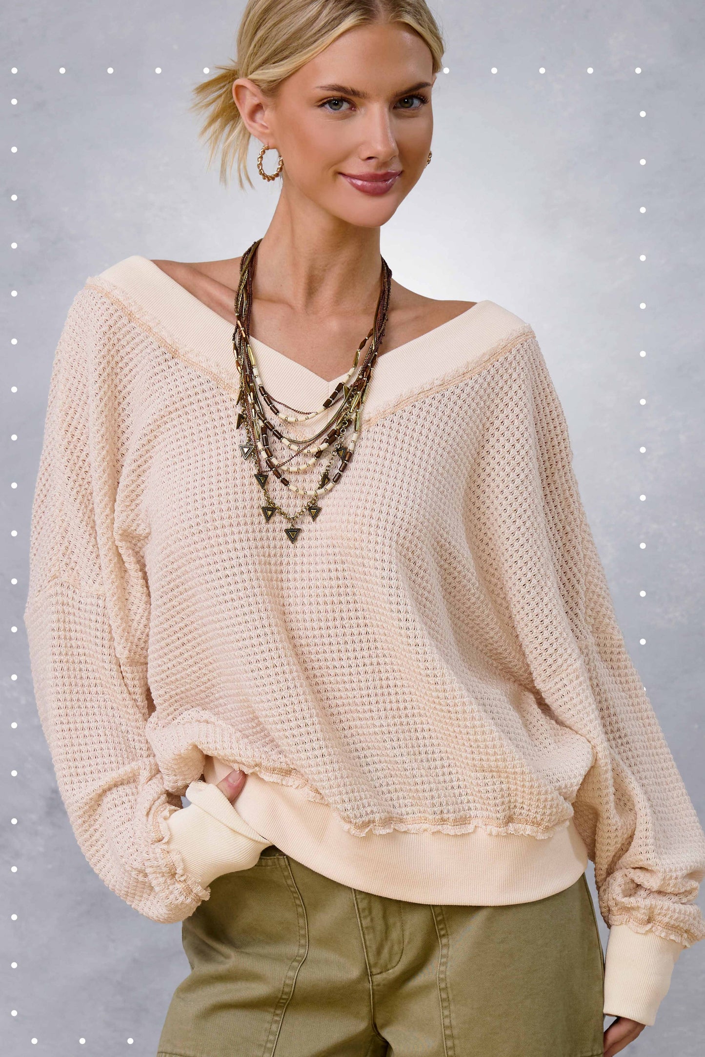 V-neck Waffle Long Sleeve Top