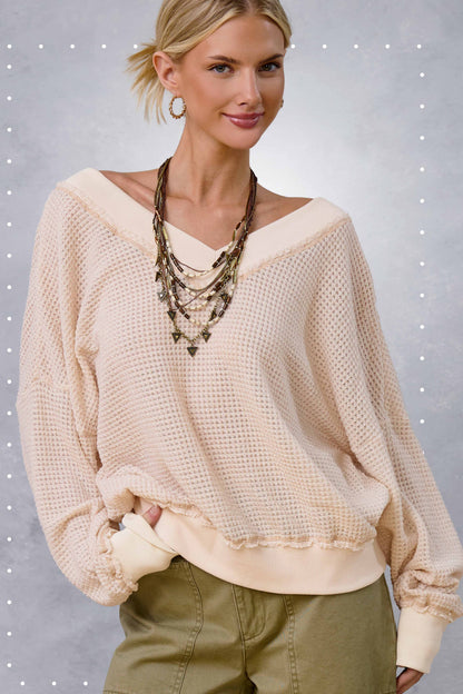 V-neck Waffle Long Sleeve Top