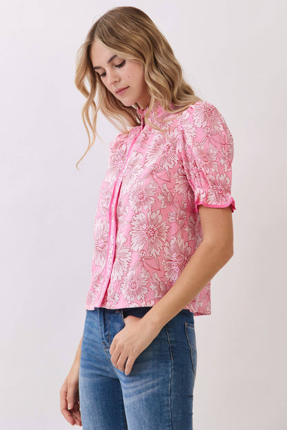 Floral Contrast Piping Puff Sleeve Blouse