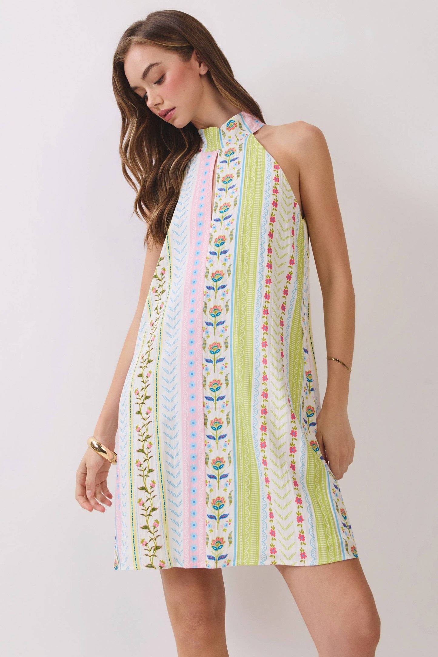 Pastel Stripe Halter Neckline Mini Dress