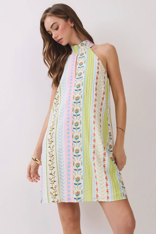 Pastel Stripe Halter Neckline Mini Dress