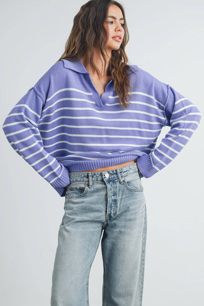 BMW7468 - V-NECK STRIPED SWEATER