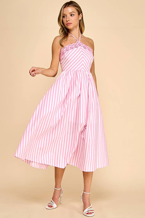 Scalloped halter neckline midi dress