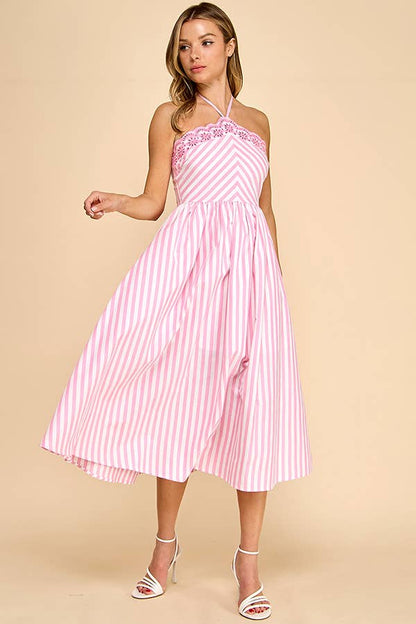 Scalloped halter neckline midi dress