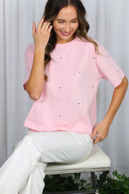 Floral Embroidered Crew Neck Top