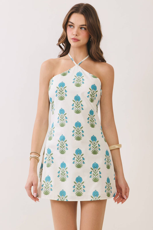 Floral Halter Side Zip Mini Dress