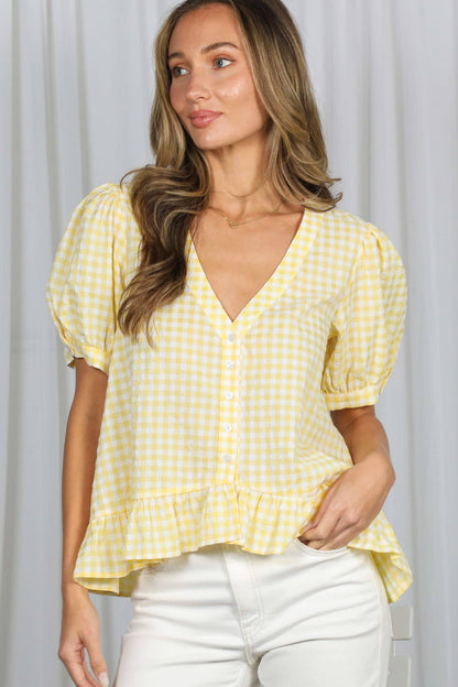 Gingham Short Puff Sleeve Blouse