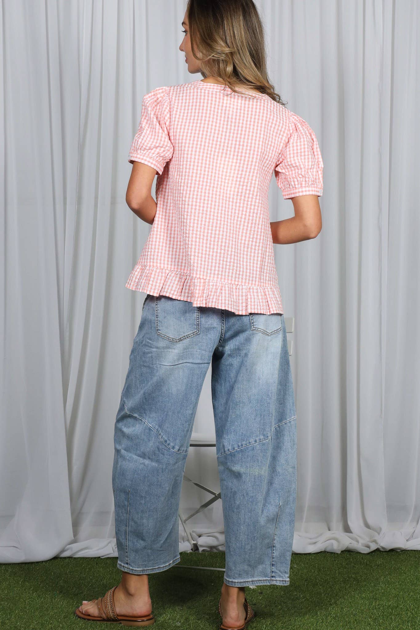 Gingham Short Puff Sleeve Blouse