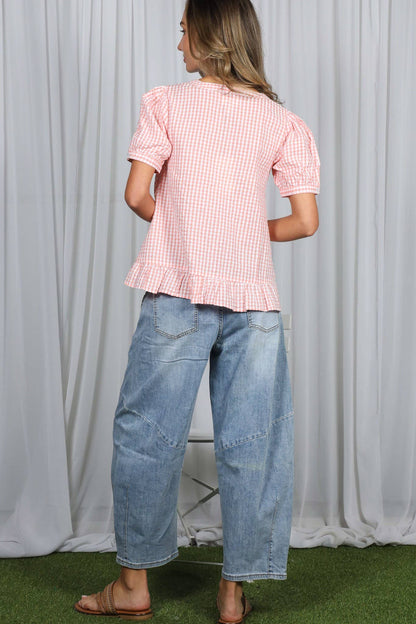 Gingham Short Puff Sleeve Blouse