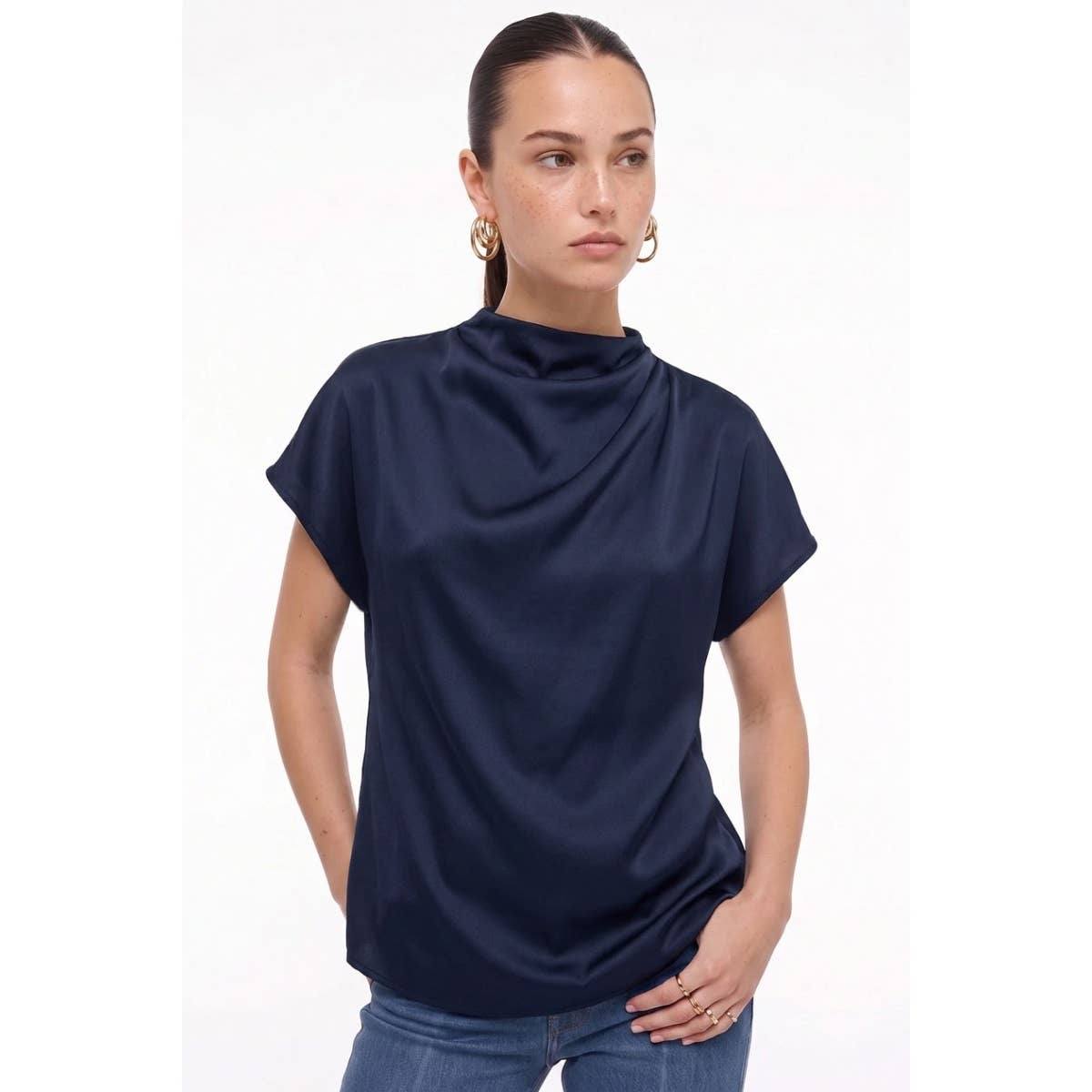 Mock Neck Satin Blouse