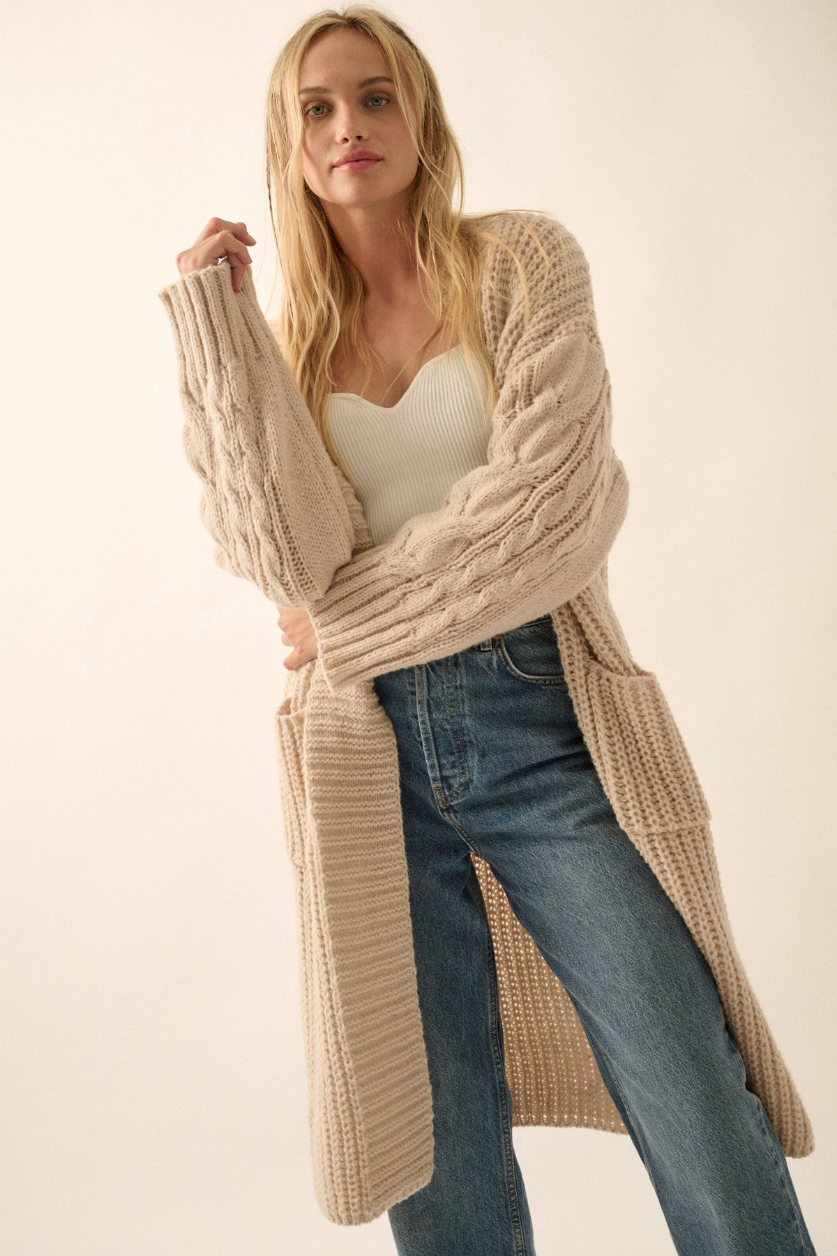 Rib Knit Cable Knit Cardigan