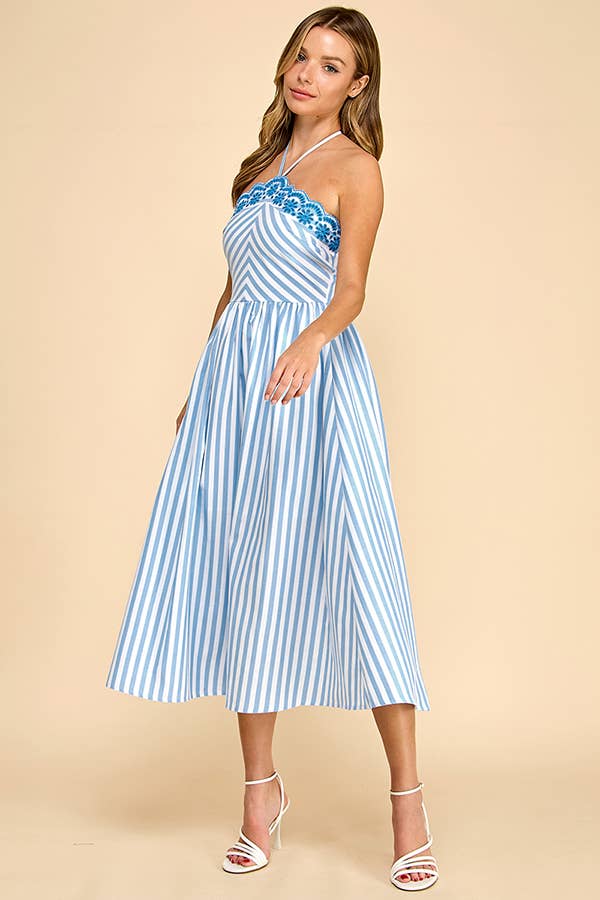 Scalloped halter neckline midi dress