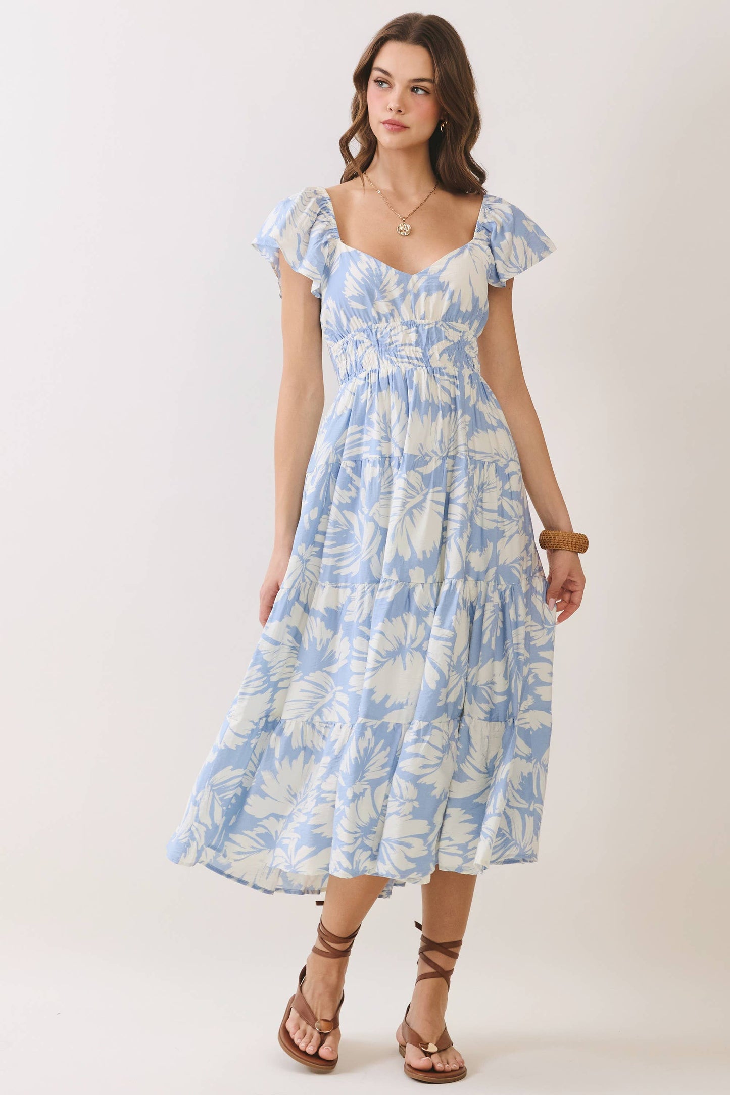 Floral Print Back Cutout Tiered Midi Dress