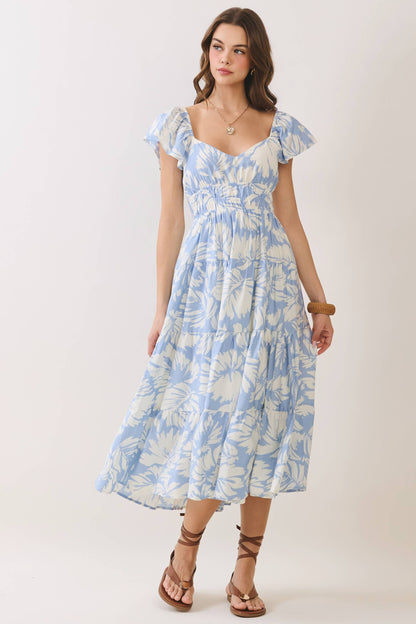 Floral Print Back Cutout Tiered Midi Dress
