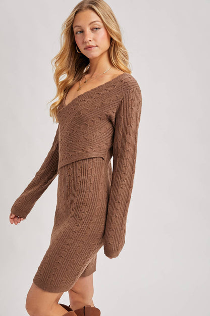 V-Neck Cable Knit Sweater Wrap Dress