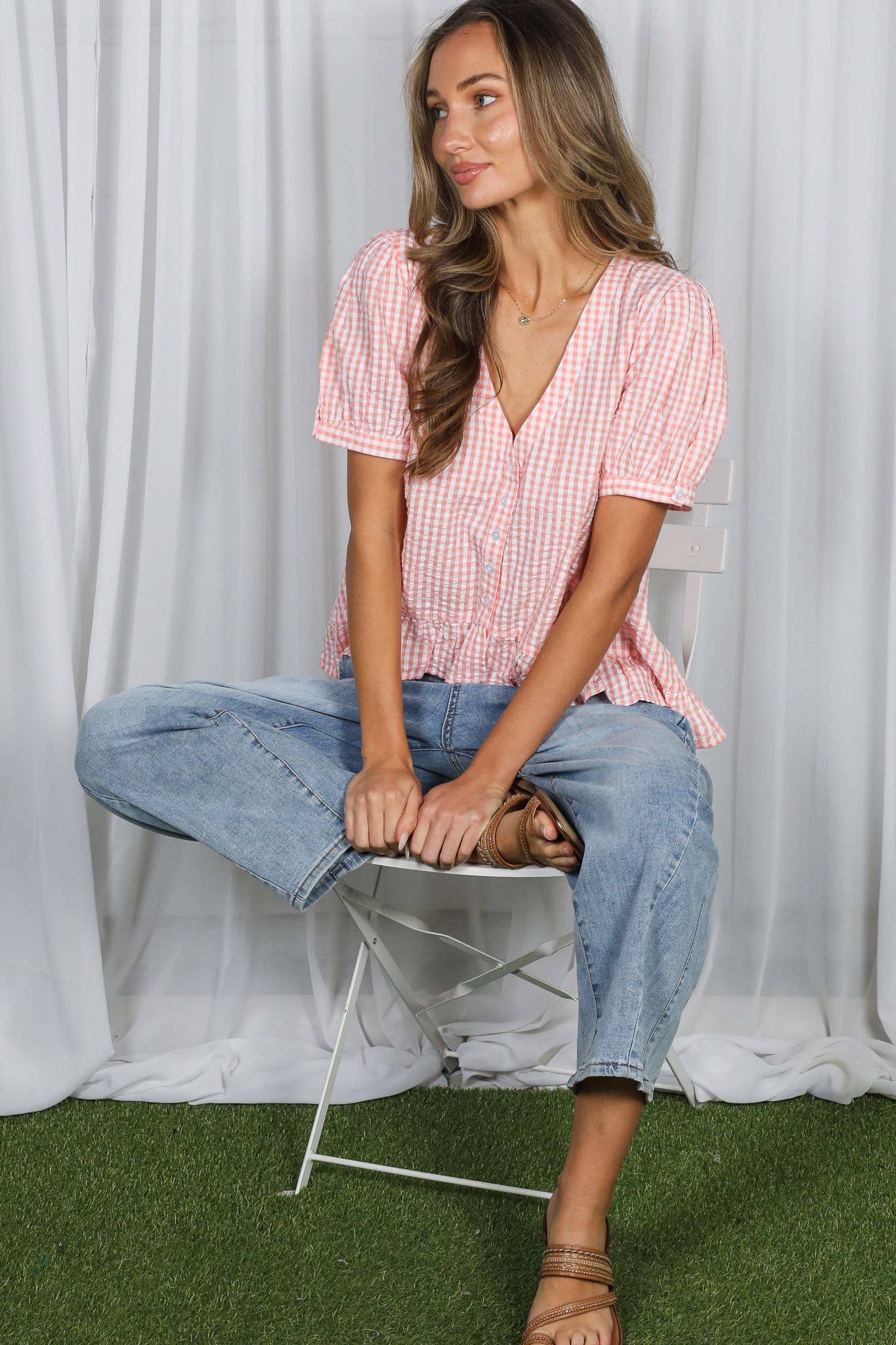Gingham Short Puff Sleeve Blouse