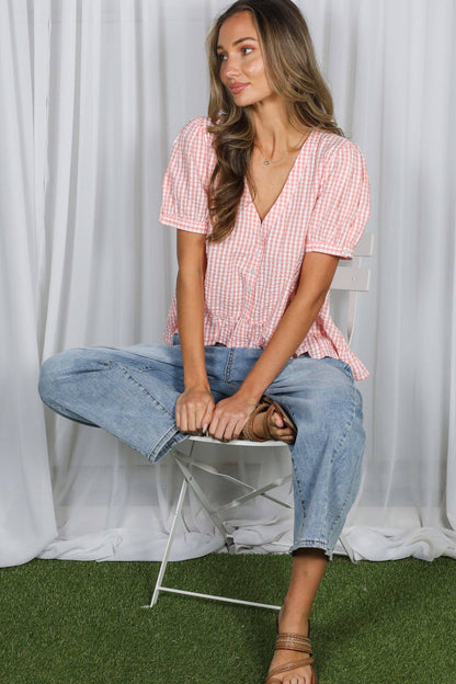 Gingham Short Puff Sleeve Blouse