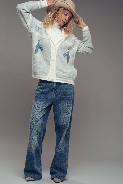 Horse Motif Shawl Collar Cardigan
