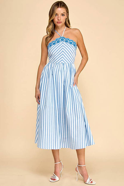 Scalloped halter neckline midi dress